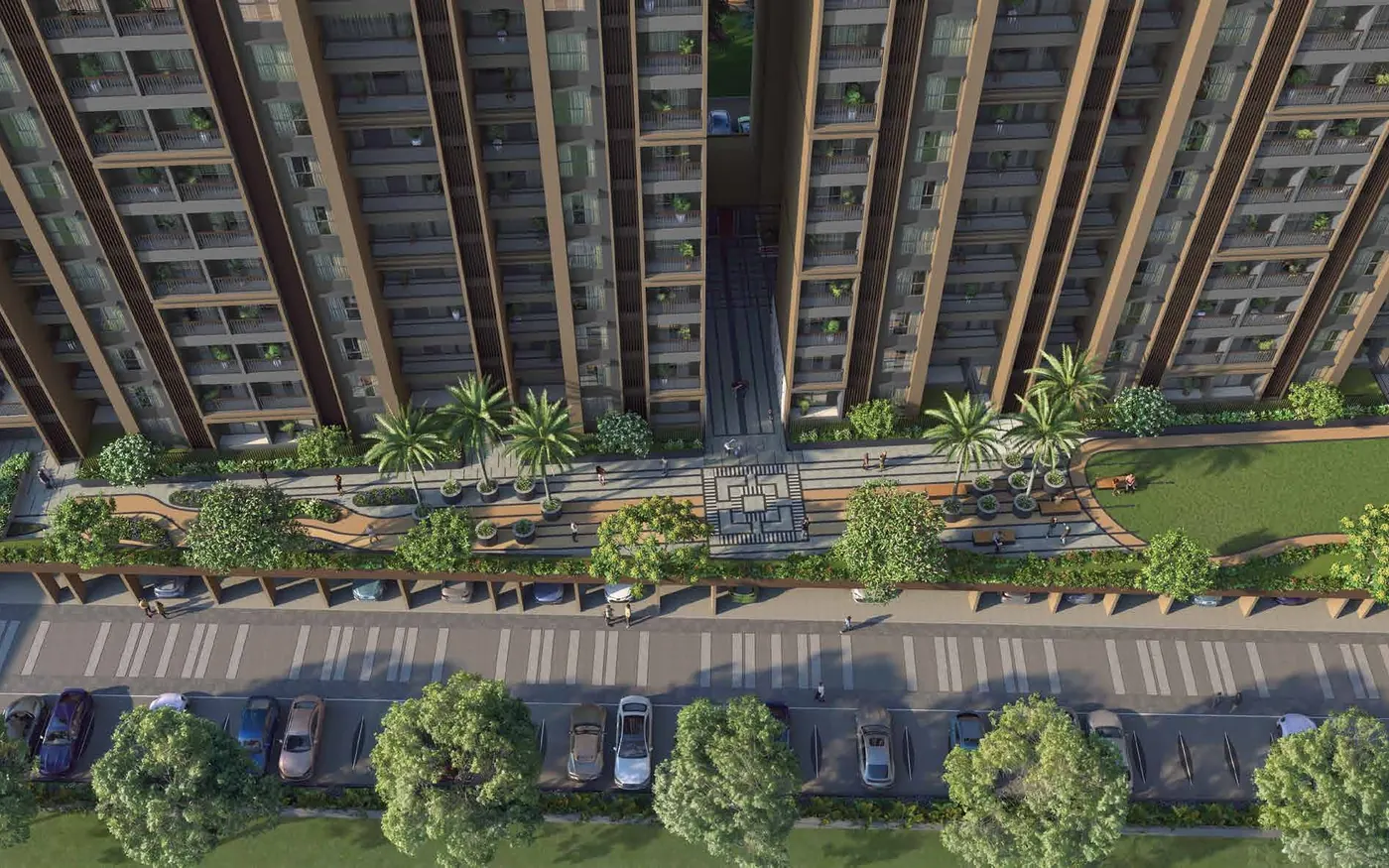 The Hallmark residential towers in Charholi at dusk